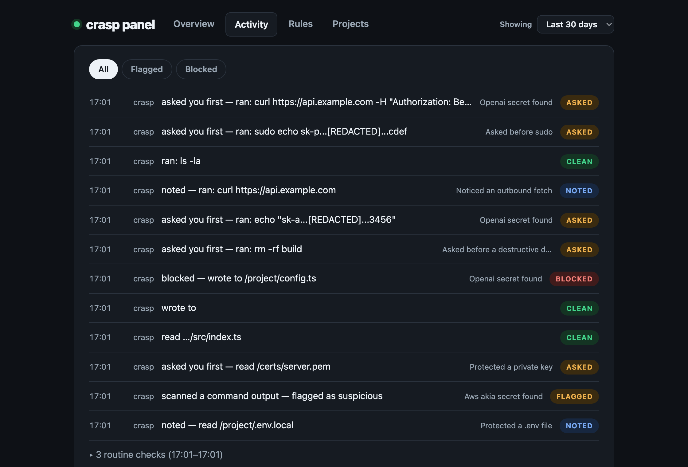 crasp panel activity feed: checks with asked, clean, noted and blocked outcomes, secrets redacted
